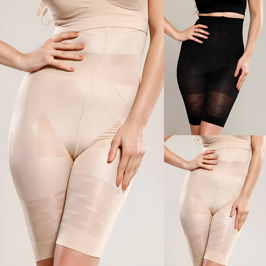 Black high-waisted seamless shapewear shorts for women laid flat.