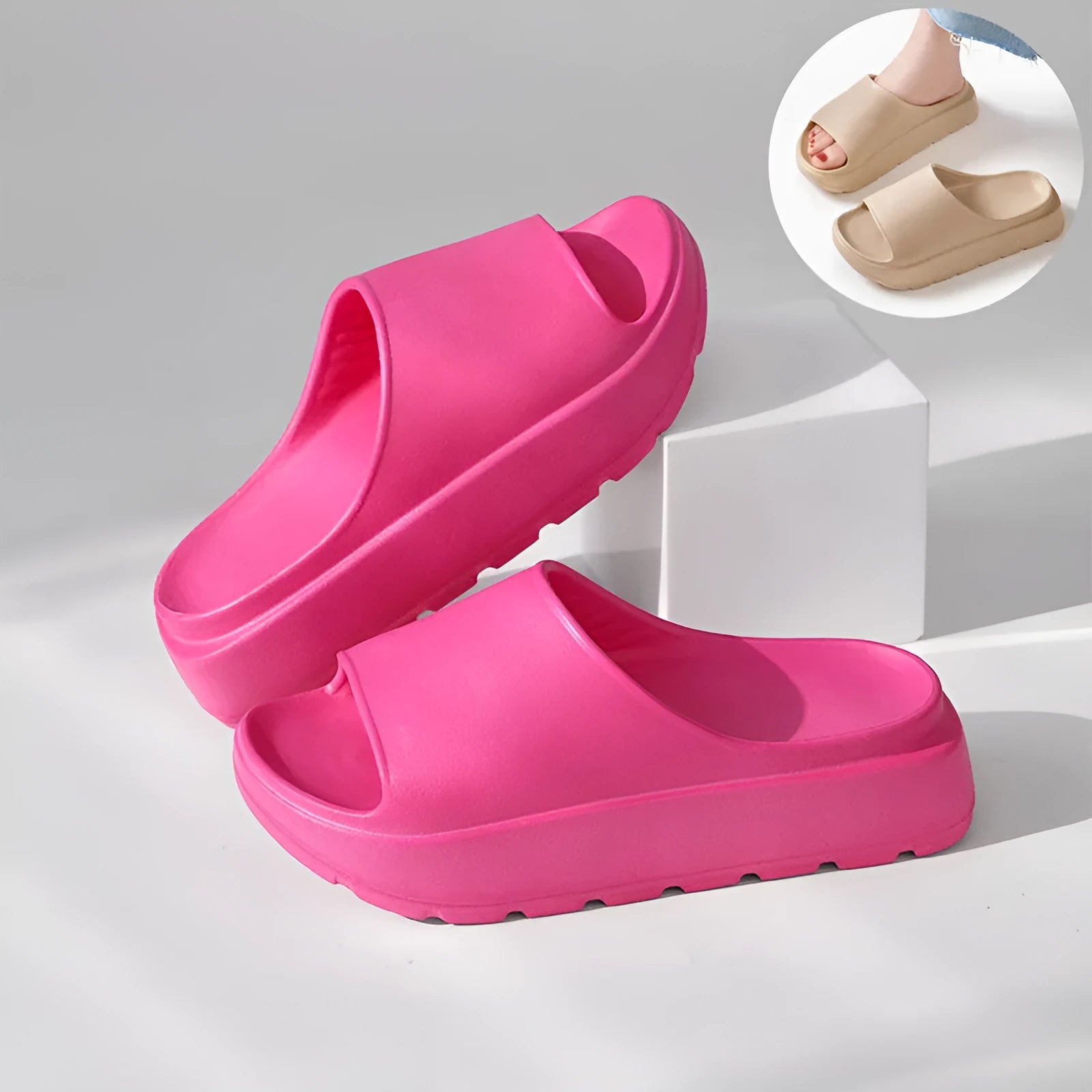 Women's beige thick-soled fish mouth slippers with 5.5cm EVA soles for indoor and outdoor wear