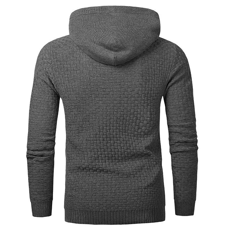 Men's black cotton-polyester blend hooded sweatshirt laid flat, showing front design and hood.