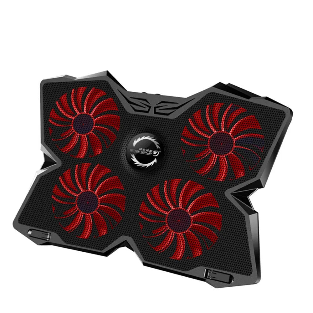 Blue computer cooling base with four LED fans and USB ports for desktop temperature management