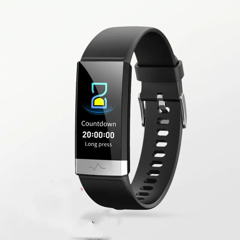 V19 smart fitness bracelet with black TPU strap showing ECG and SpO2 monitoring on screen