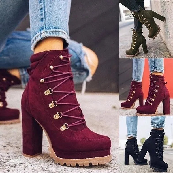 Women's suede high heel boots in army green with 8cm thick heels and round toe
