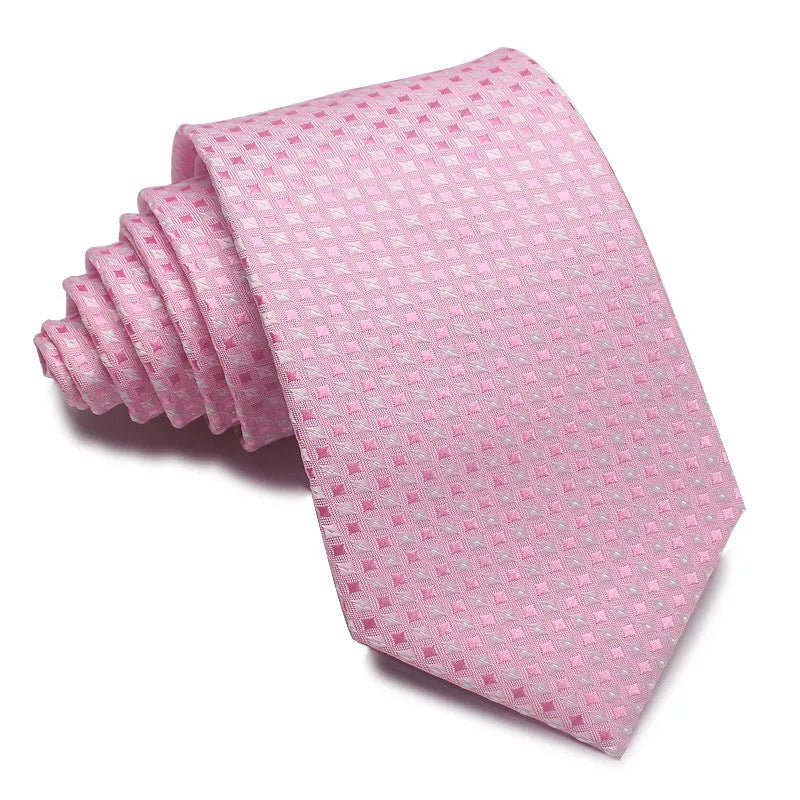 Close-up of a red, black, and blue striped men's formal tie with a textured Jacquard weave.