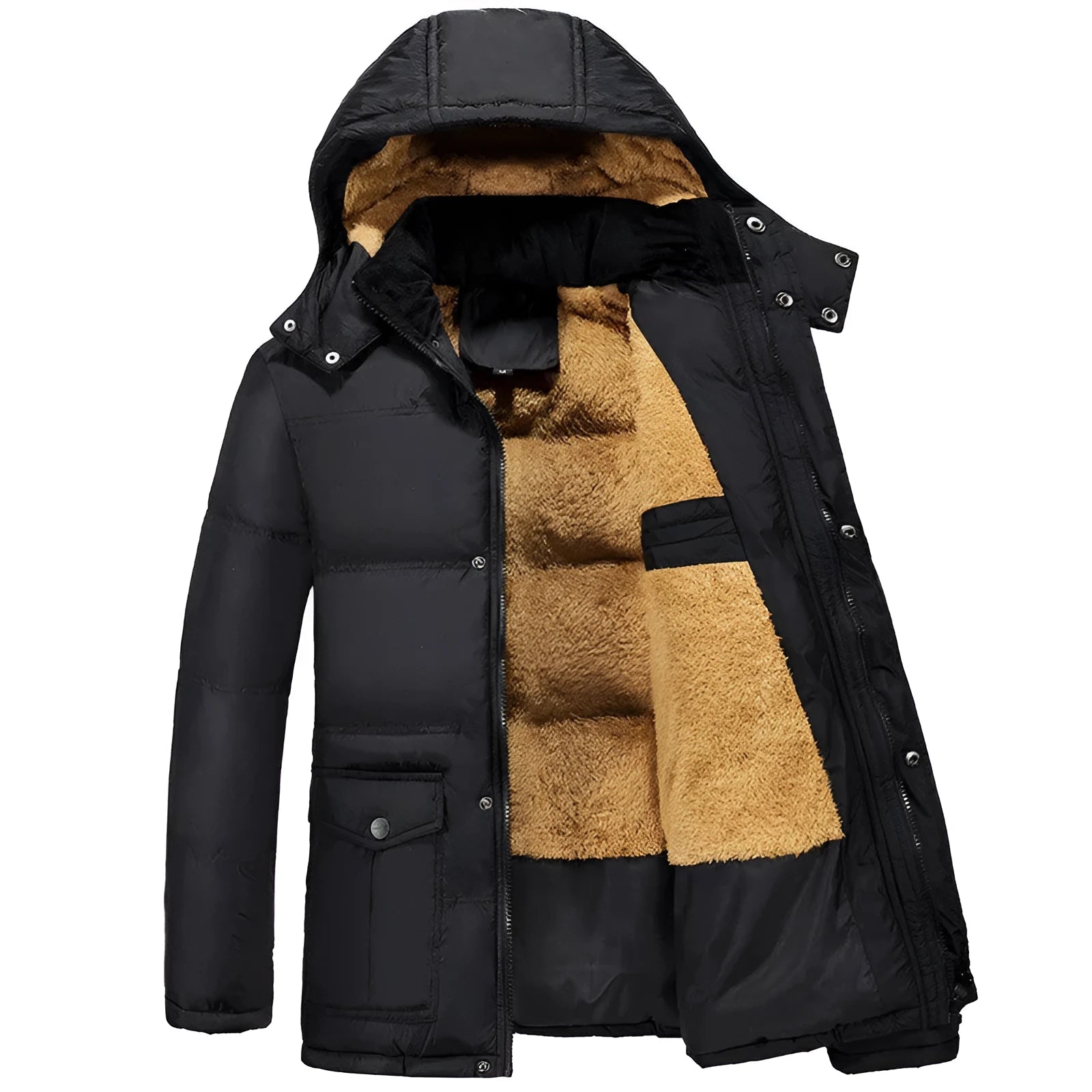 Man wearing a black loose-fit double-breasted velvet padded jacket with a hood