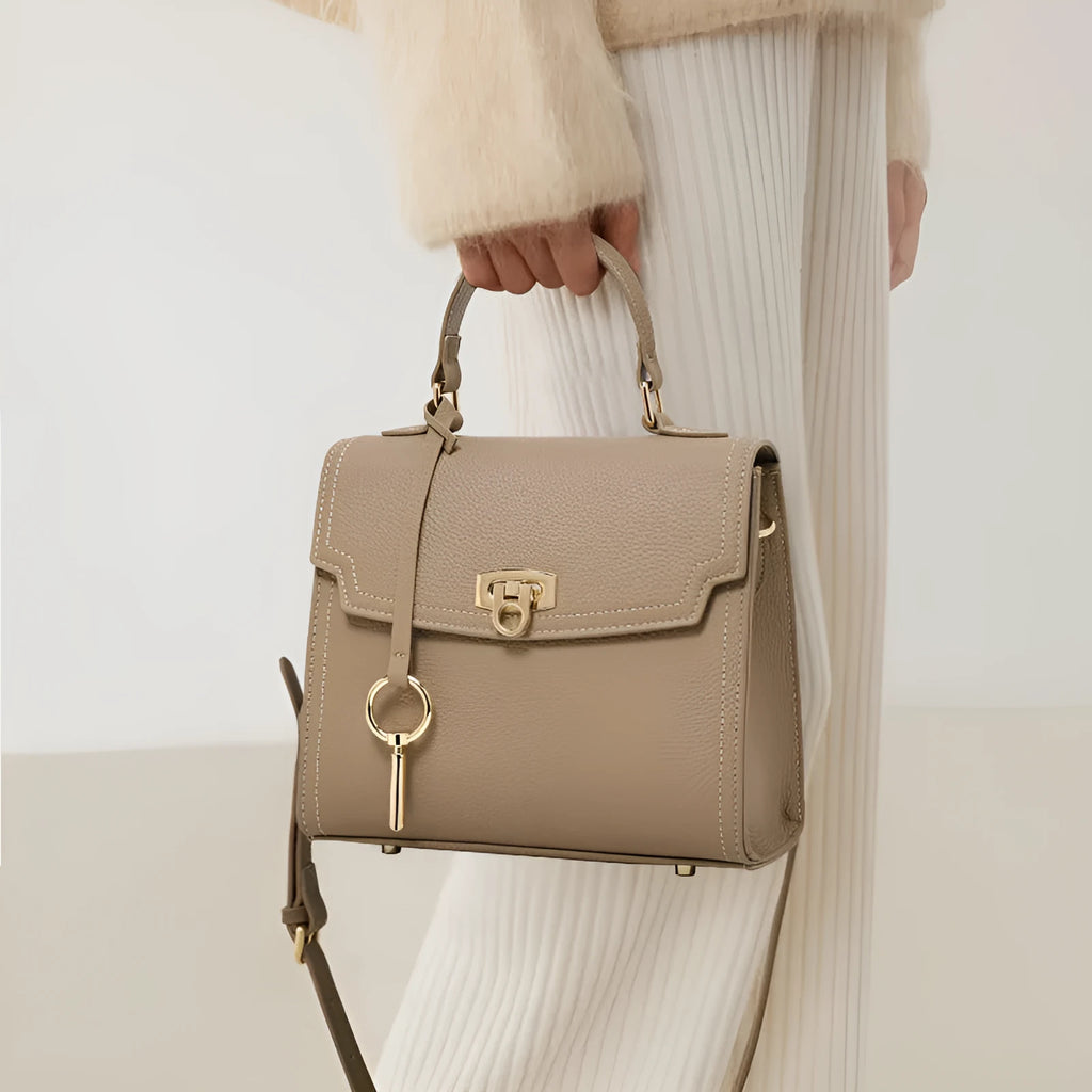 Elephant grey vintage lock handbag with litchi pattern leather and crossbody straps