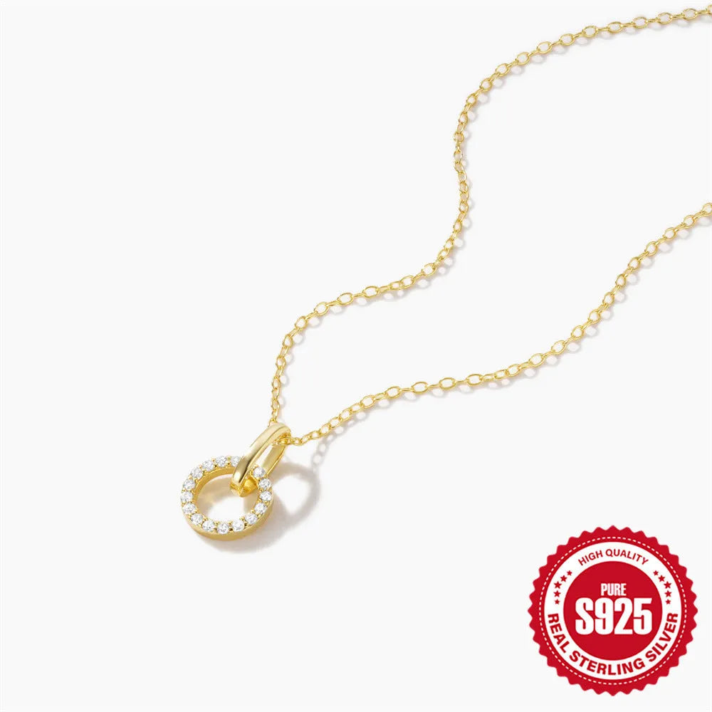 Gold-colour sterling silver clavicle chain necklace with geometric zircon pendant on adjustable 21-50cm chain