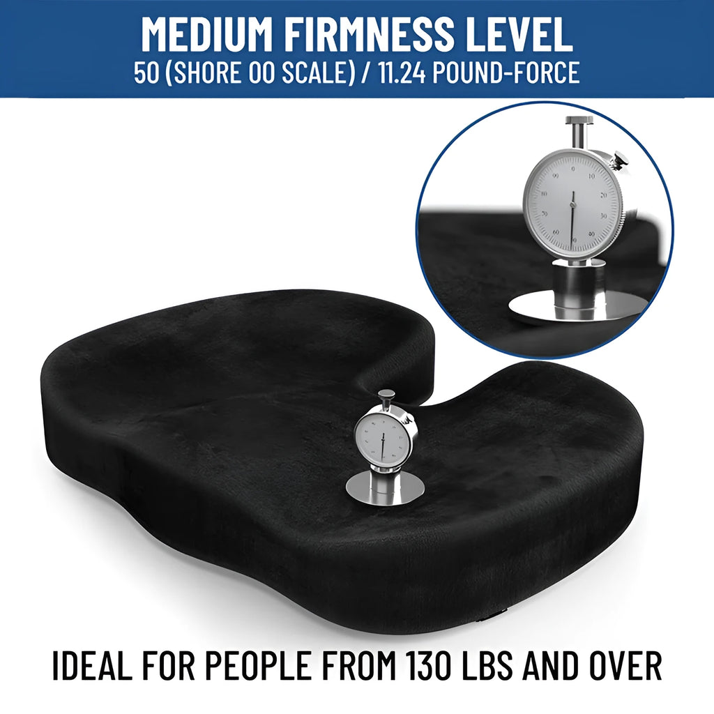 Black U-shaped memory foam office seat cushion on a chair