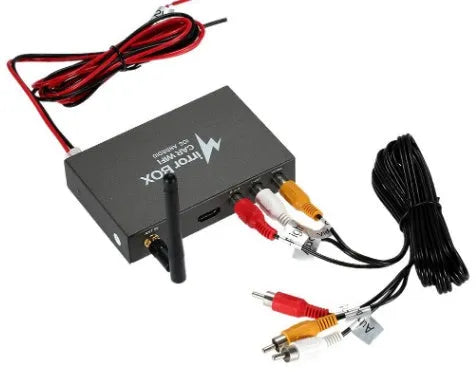 Black car mirror link box Wi-Fi converter with power cable, AV cable, antenna and manual