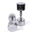 Silver electroplated pure steel dumbbell on a grey background, showing ergonomic handle.