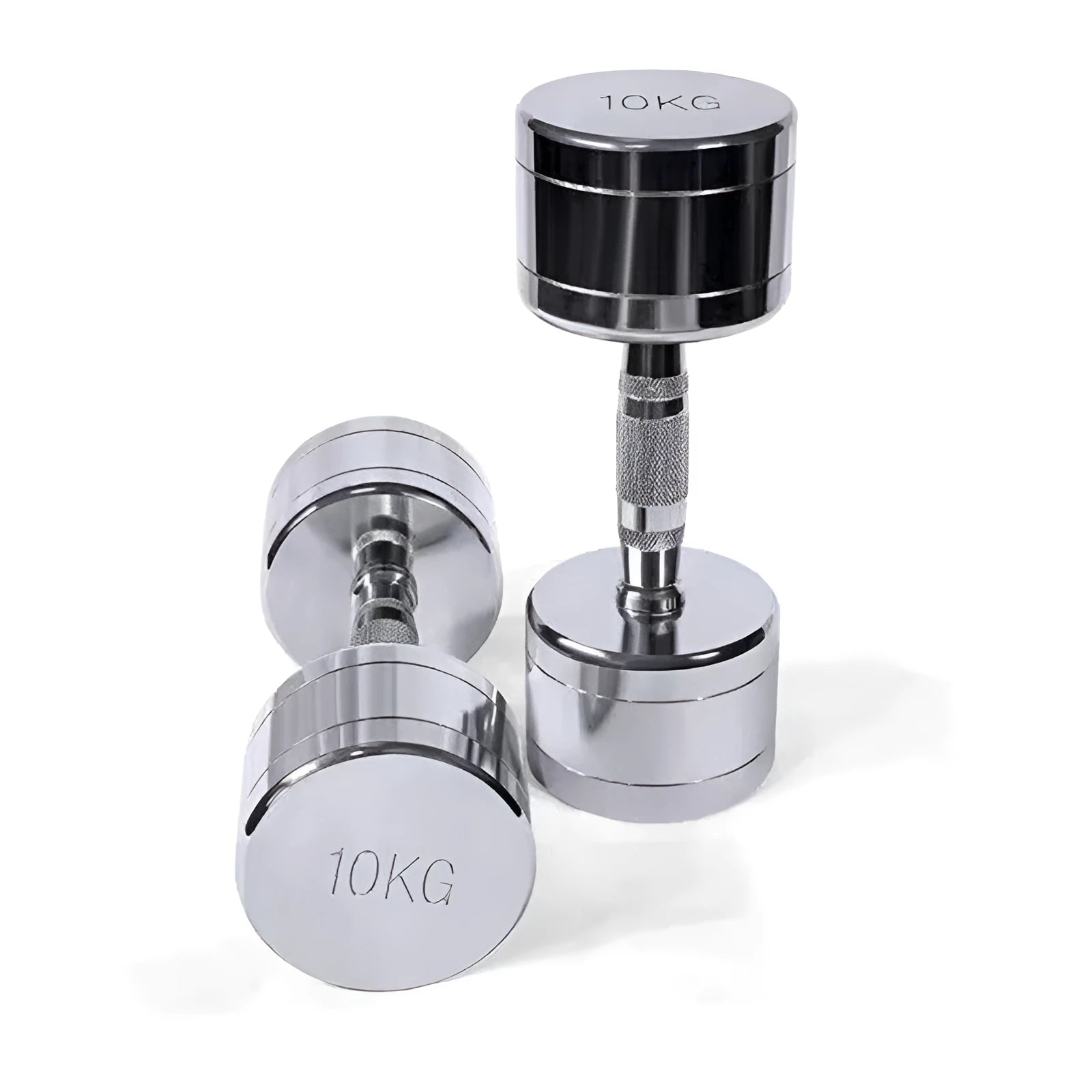 Silver electroplated pure steel dumbbell on a grey background, showing ergonomic handle.