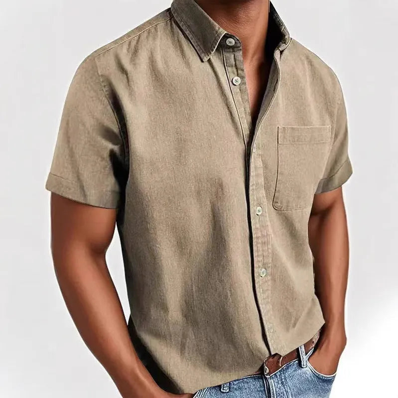 Men's loose fit short sleeve shirt in cotton blend fabric showing single-breasted cardigan styling