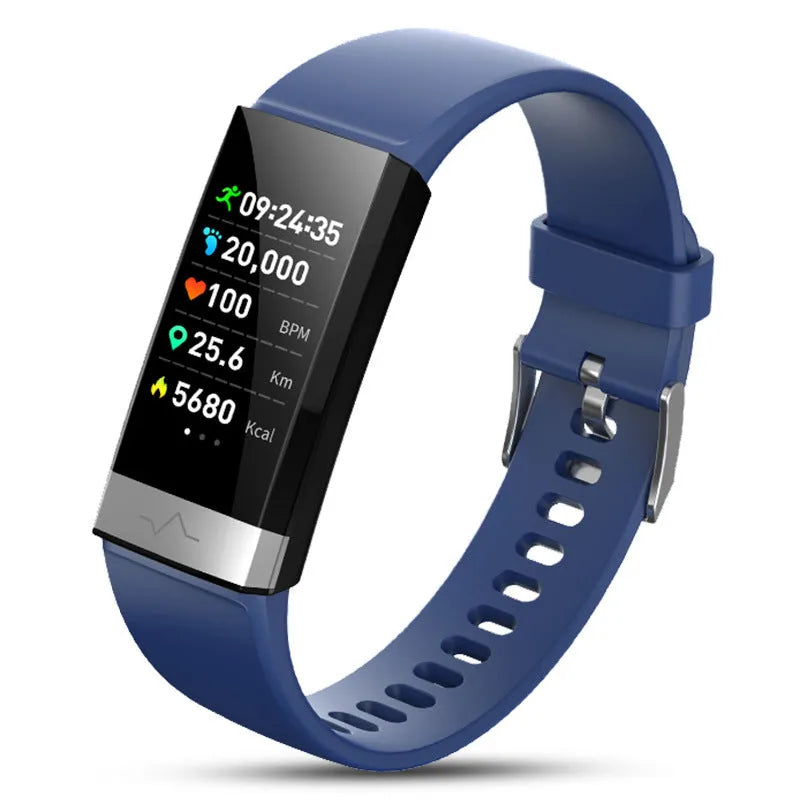 V19 smart fitness bracelet with black TPU strap showing ECG and SpO2 monitoring on screen