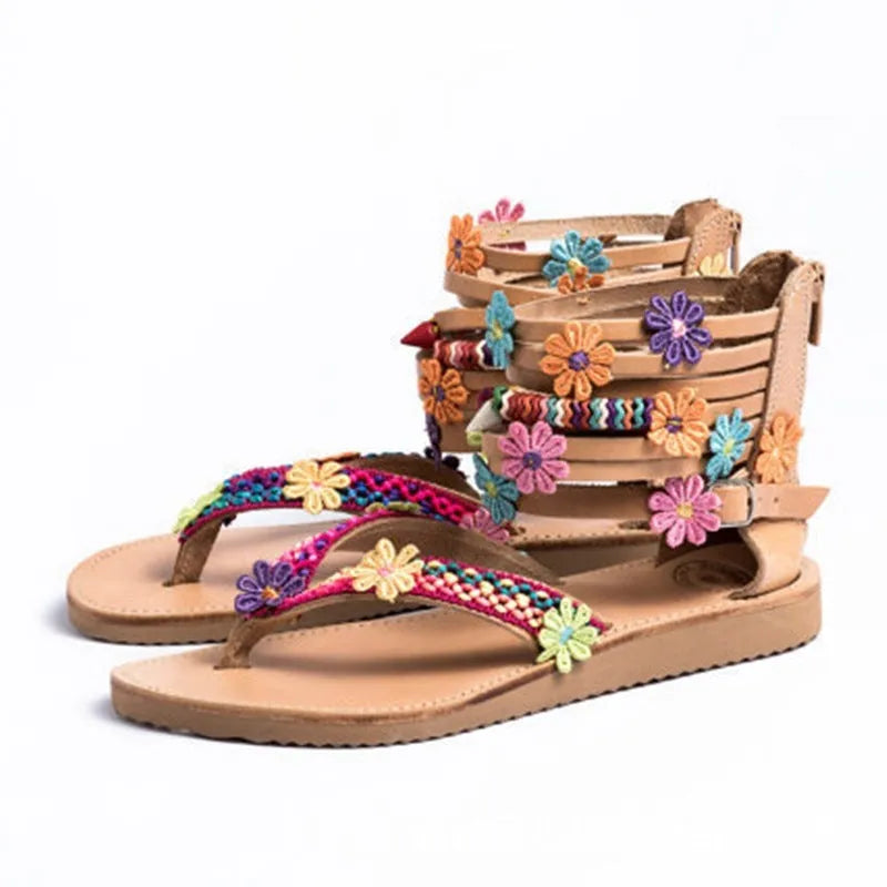 Ethnic style beaded petal sandals in Suit colour with round toe and Roman design.