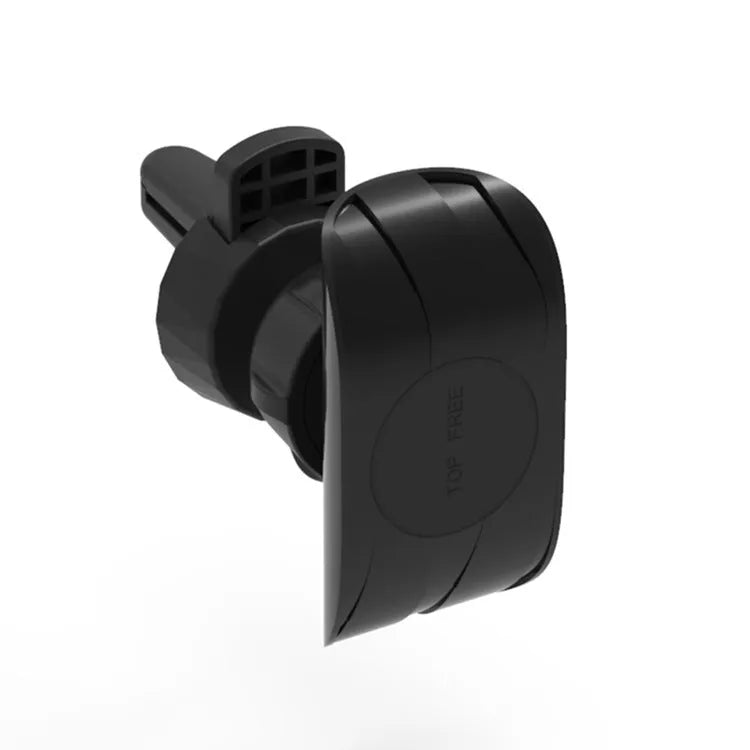 A matte black universal car phone holder mounted on a car air vent, showing the adjustable arm and phone grip.