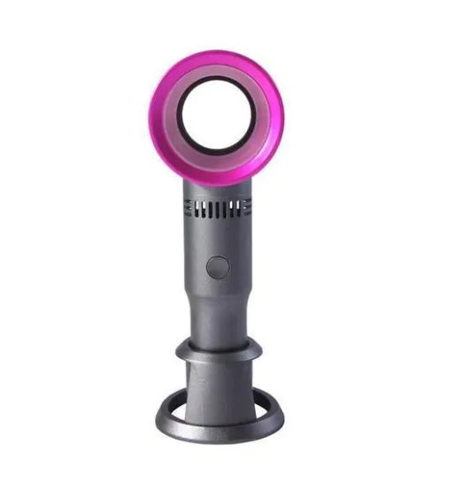 A portable bladeless desk fan with a modern design, shown on its base with a USB cable, available in multiple colours.