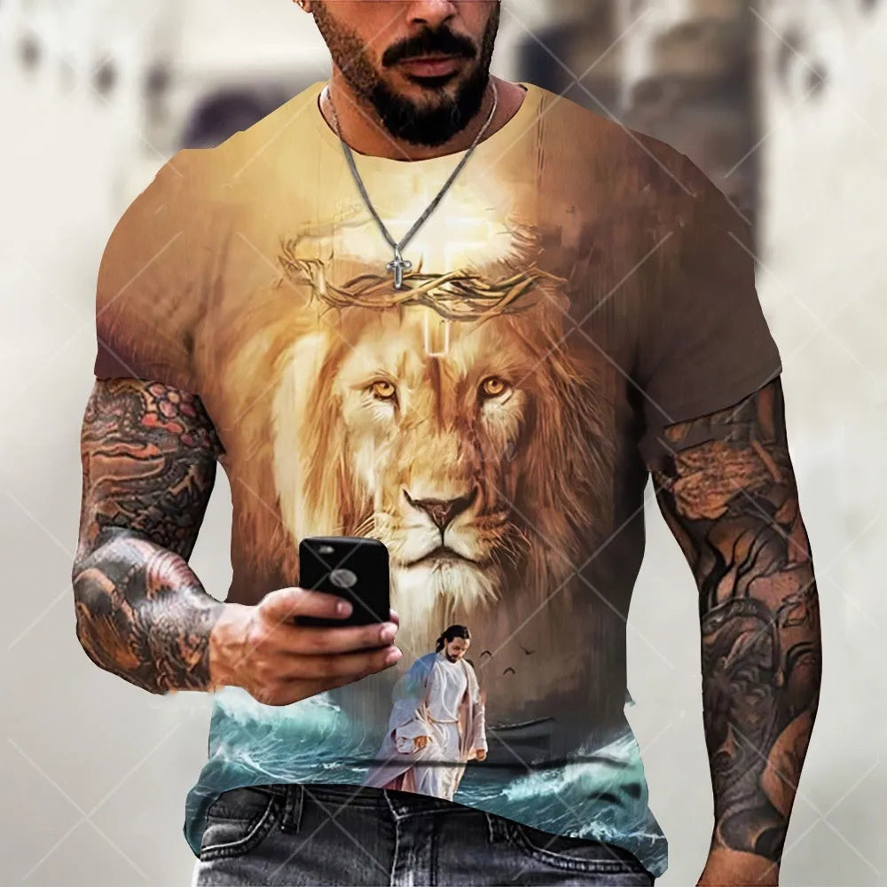 Men's grey T-shirt with 3D printed Jesus pattern design, short sleeves, pullover style