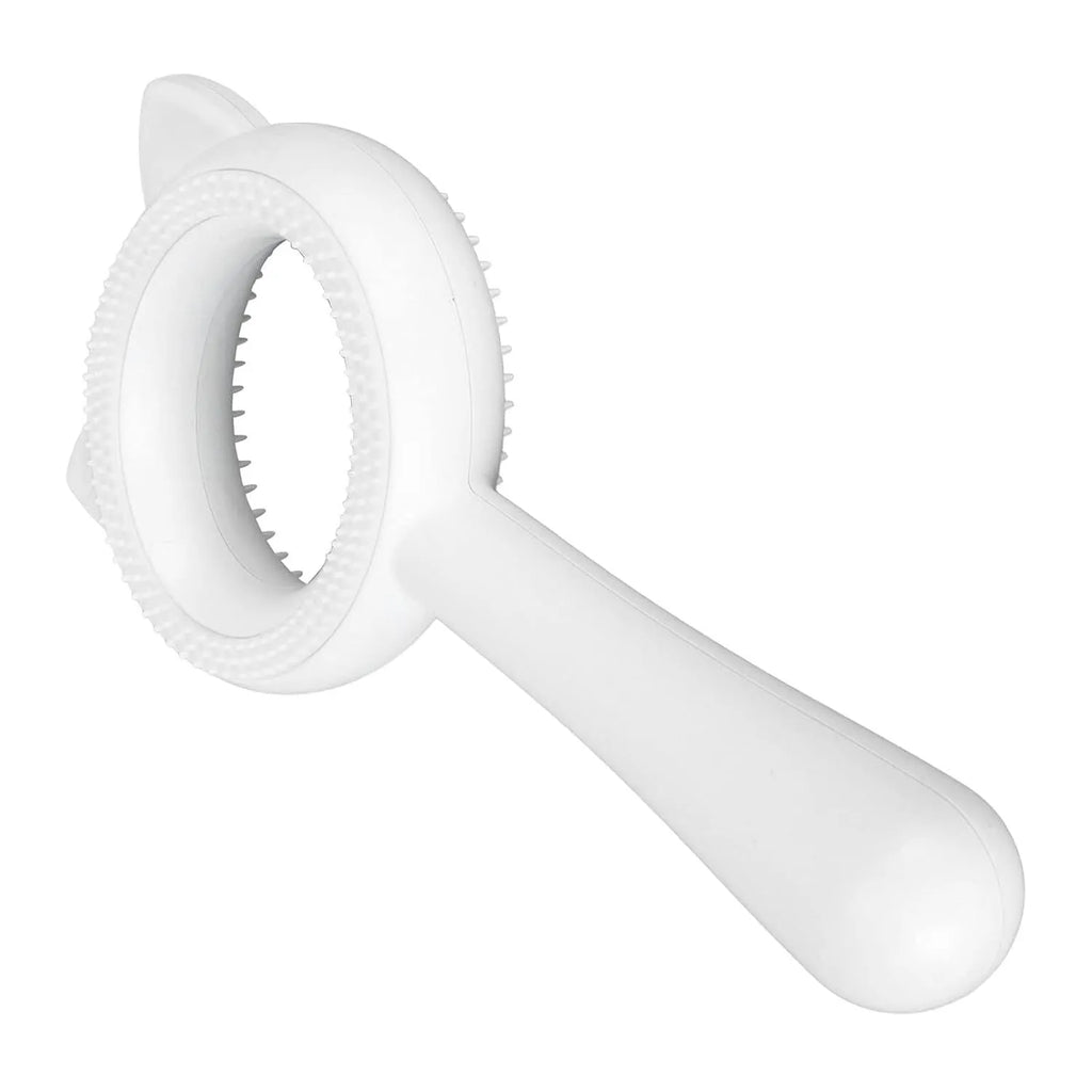 Blue and white dual-sided pet grooming brush with ergonomic handle for cats and dogs.