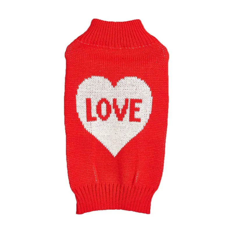 Red love heart design dog sweater on small breed dog