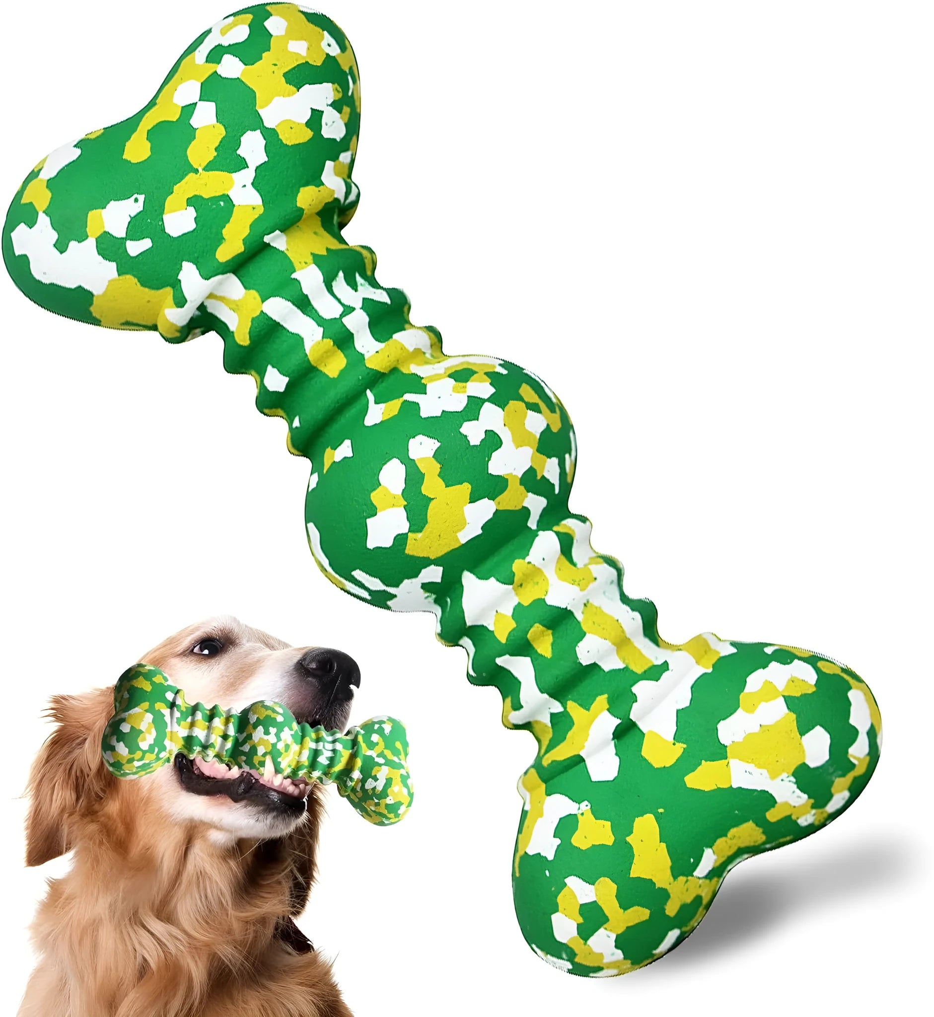 Natural rubber dog chew bone toy for large breeds in camouflage colours, shown in two sizes.