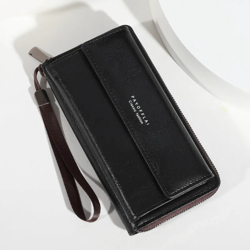 Men's black PU leather long wallet showing multiple card slots and note compartment.