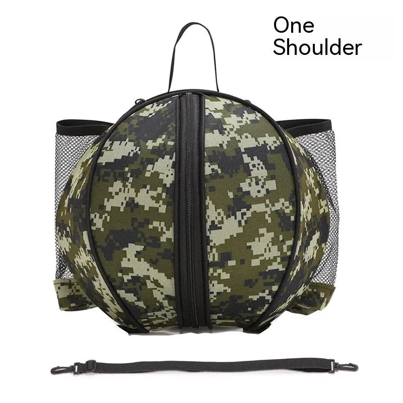 Oxford cloth basketball bag with 9L capacity in black or camouflage featuring one-shoulder and two-shoulder straps