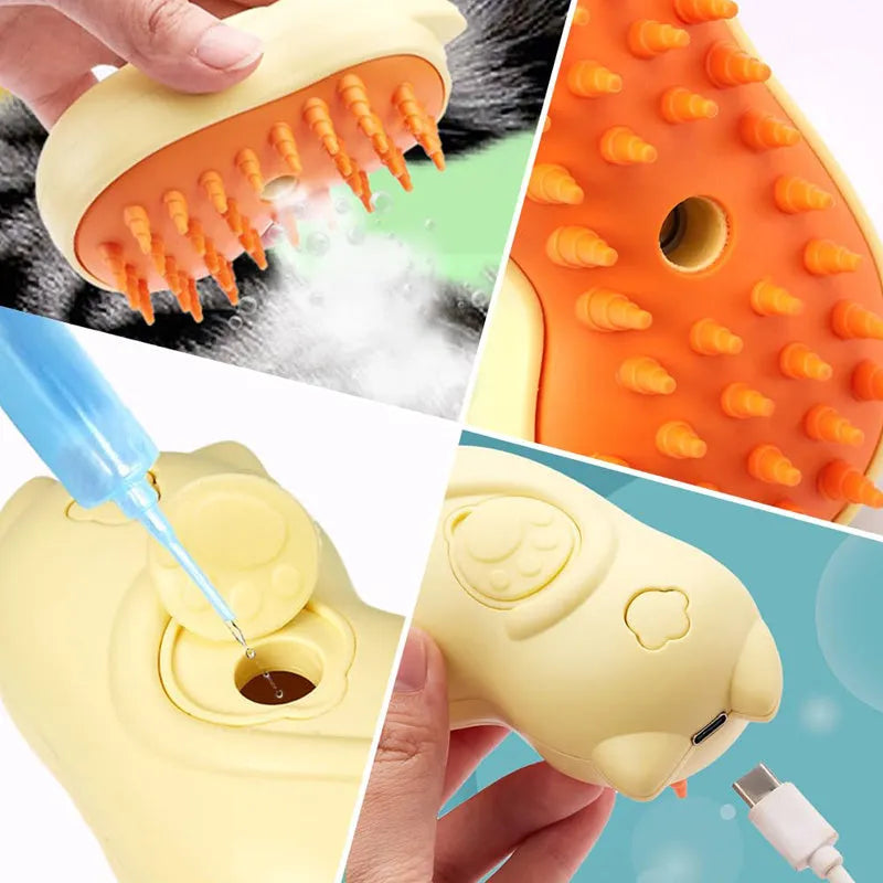 White and blue 3-in-1 steamy grooming brush for cats and dogs on a grey background.