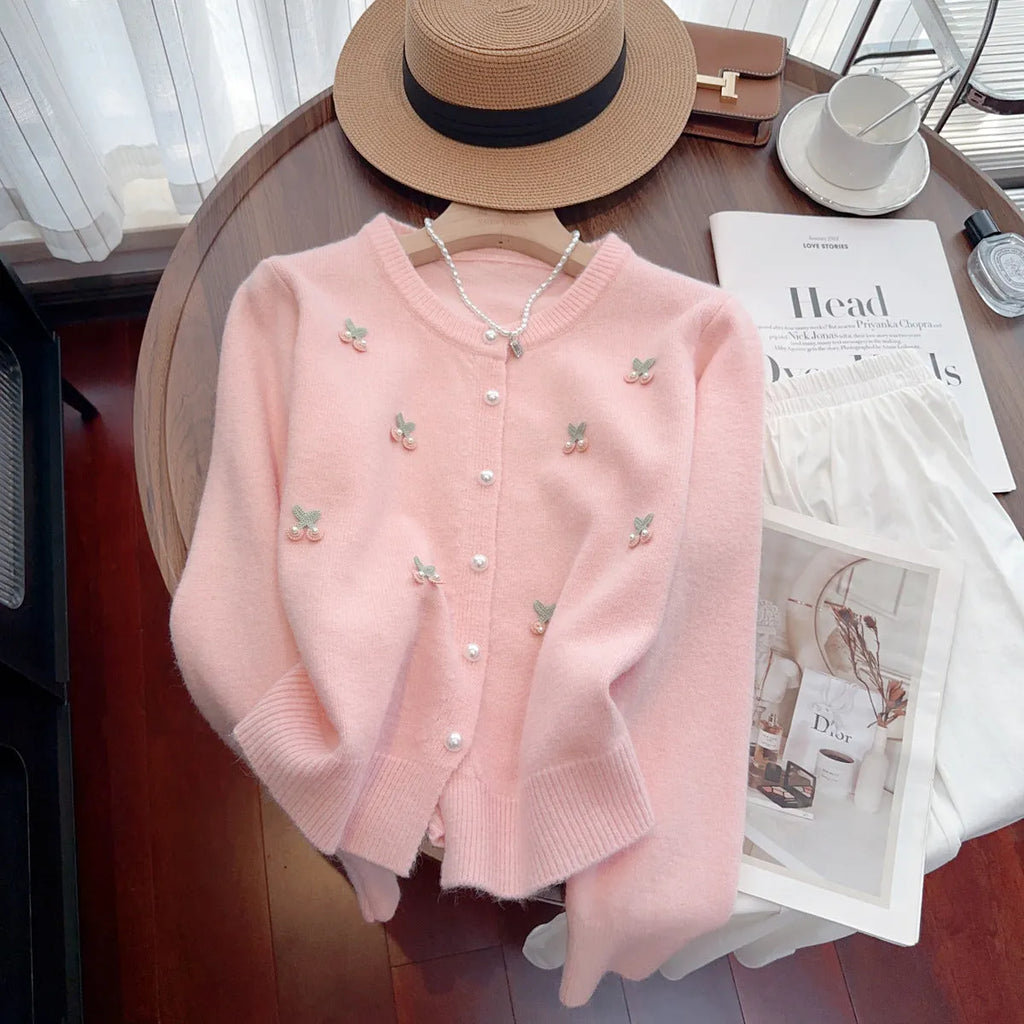 French sweet style cashmere cardigan coat with beaded detail in slim fit free size