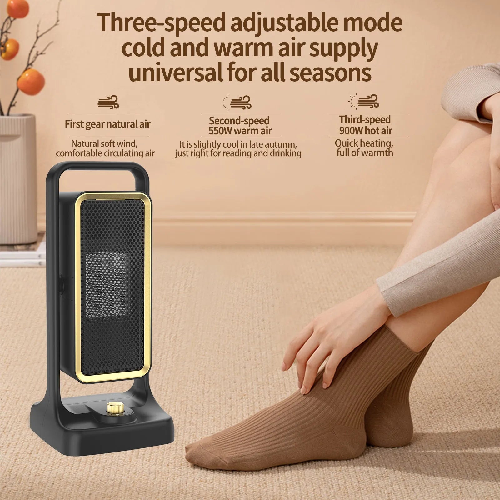 Black desktop PTC ceramic heater with control knob, compact design for room heating
