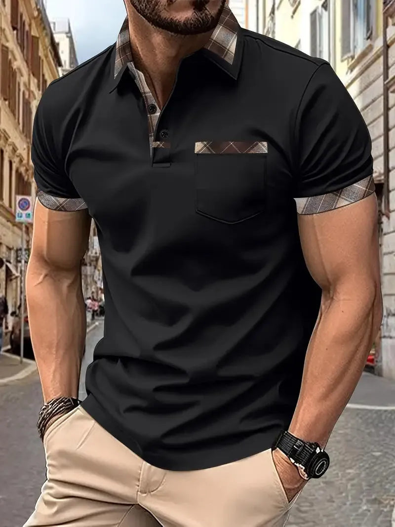 Men's plaid colourblock t-shirt with zipper decorations in loose fit polyester fabric