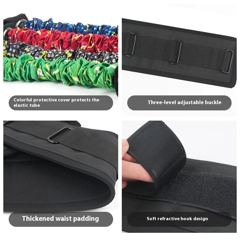 Fitness elastic training belt with TPE tube in red, blue, black, and green sleeves indicating different resistance levels.