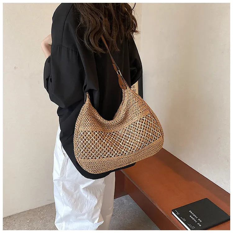 Women's casual straw cross body bag in horizontal square shape with sandwich pocket, khaki colour option