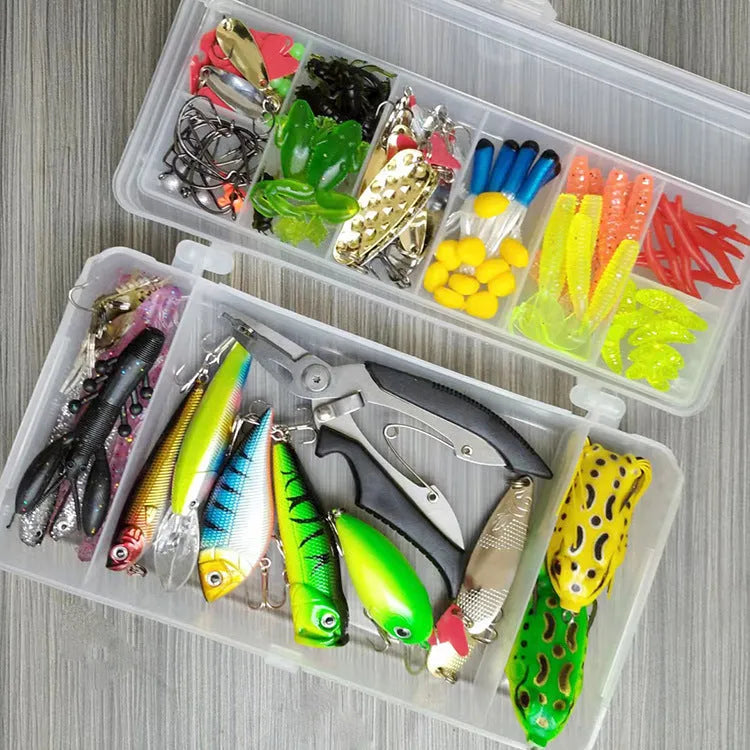 142-piece fishing lure suit kit showing hard minnow lures, sequin lures, hooks, and metal fishing pliers on a blue background