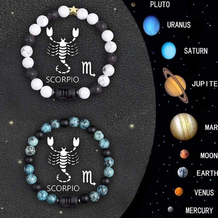 Set of twelve natural stone beaded bracelets showing different zodiac sign designs.