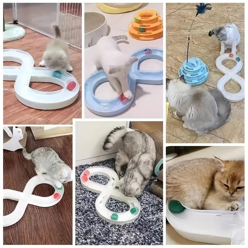 Blue and white cat toy with turntable track ball and teasing stick for interactive feline play