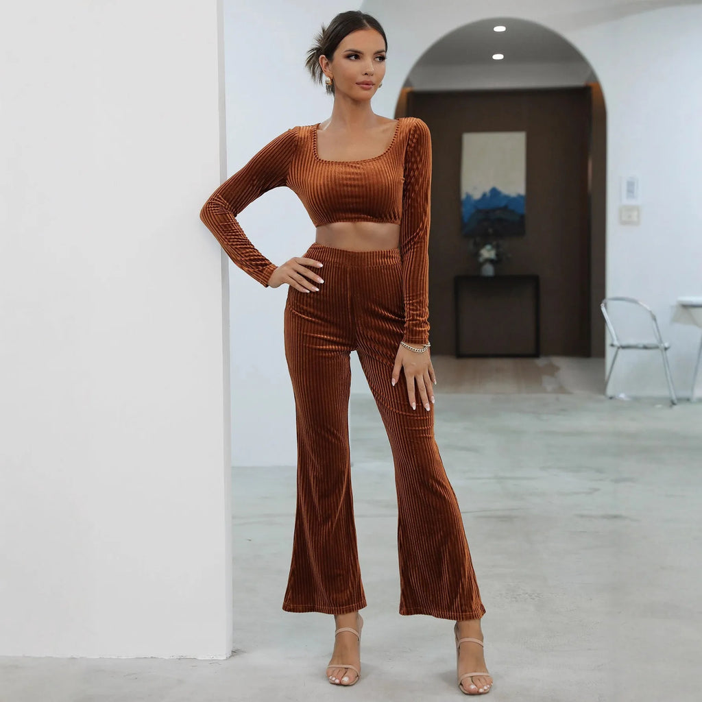 Caramel coloured women's long sleeve sweater and matching trousers casual two-piece set.