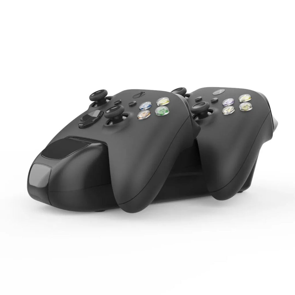 Black Xbox Series X dual controller charging dock with LED lights and two rechargeable battery packs
