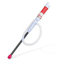 Blue and red manual hand pump for siphoning fuel and oil from containers