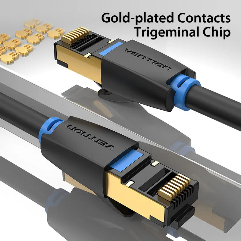 CAT8 shielded network cable with RJ45 connectors in flat and round styles for 10G high-speed indoor networking