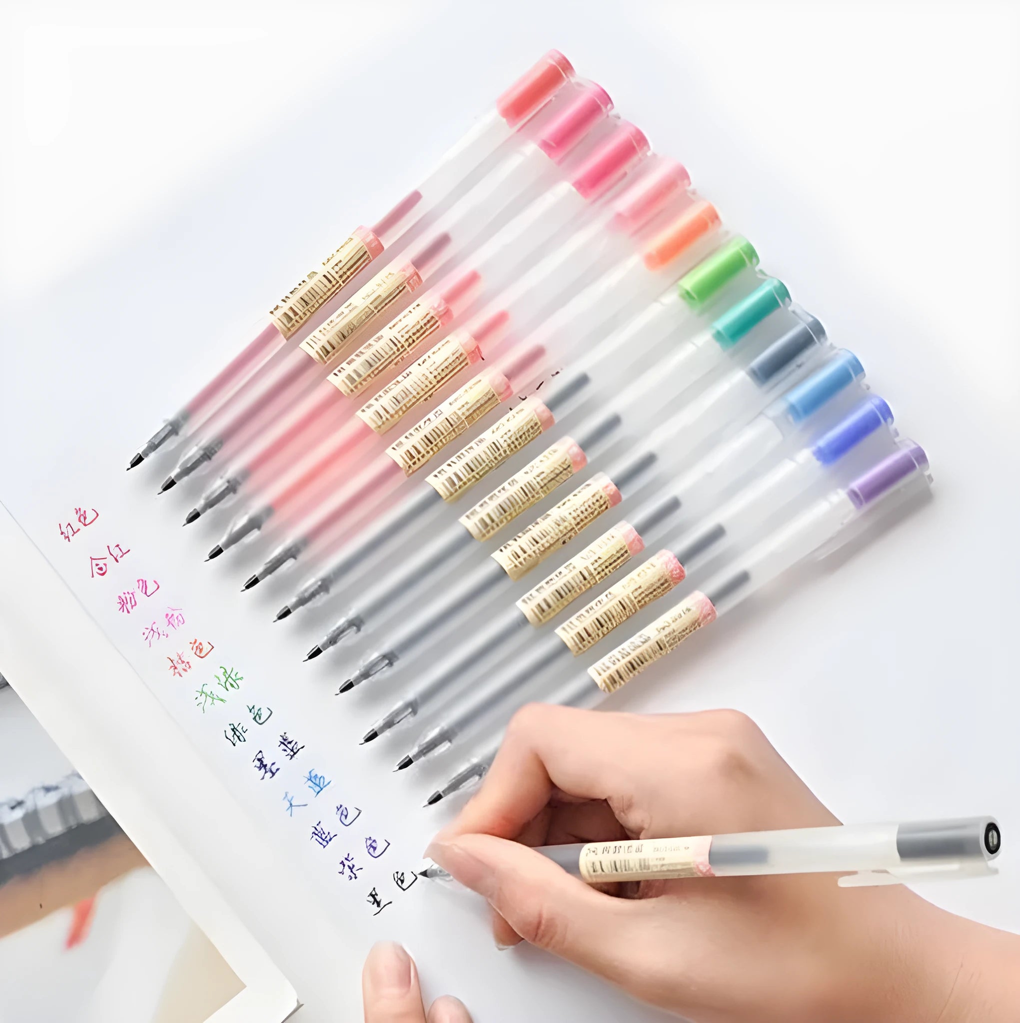 12 Muji gel pens with 0.5mm nibs showing ink prevention mechanism