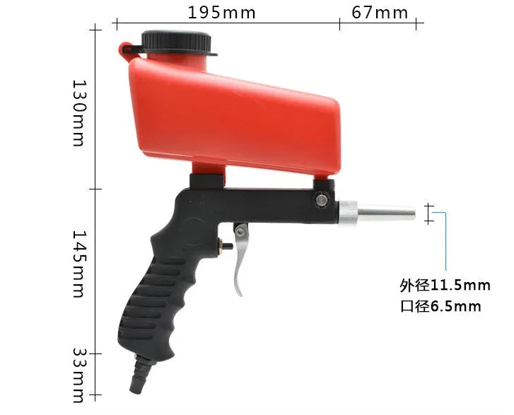Portable black or blue gravity feed pneumatic sandblasting gun with upper pot tank.