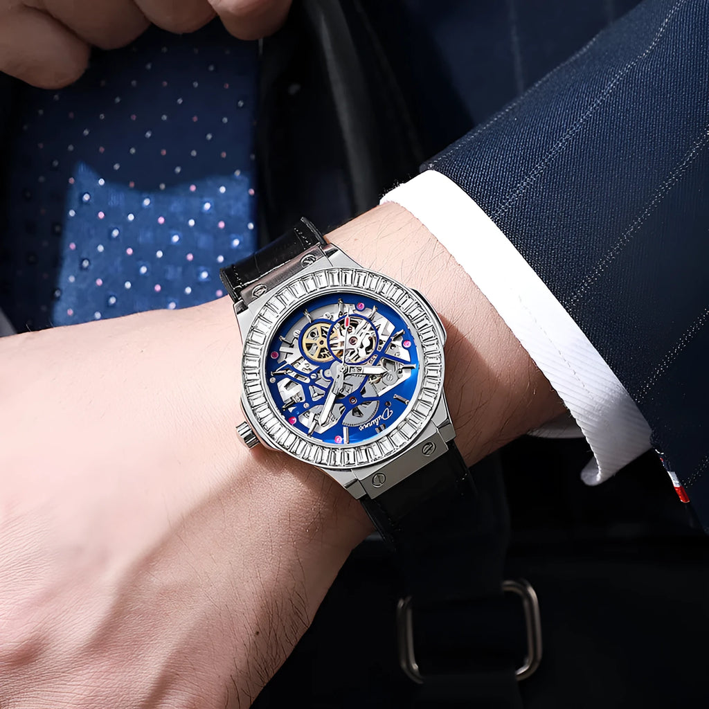 Men's automatic mechanical watch with hollow movement and diamond studs on white shell case with leather strap