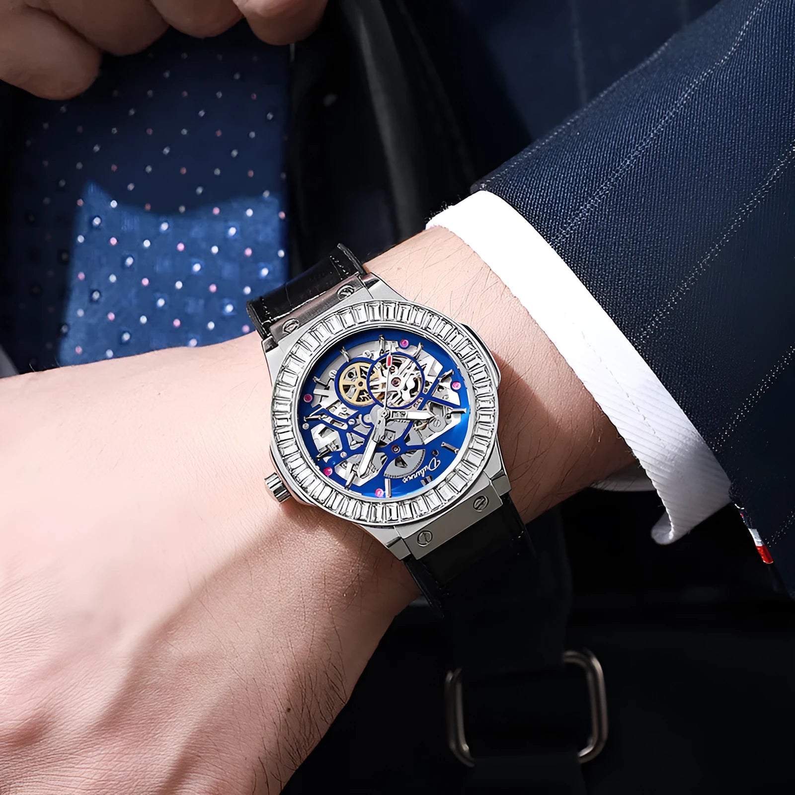 Men's automatic mechanical watch with hollow movement and diamond studs on white shell case with leather strap