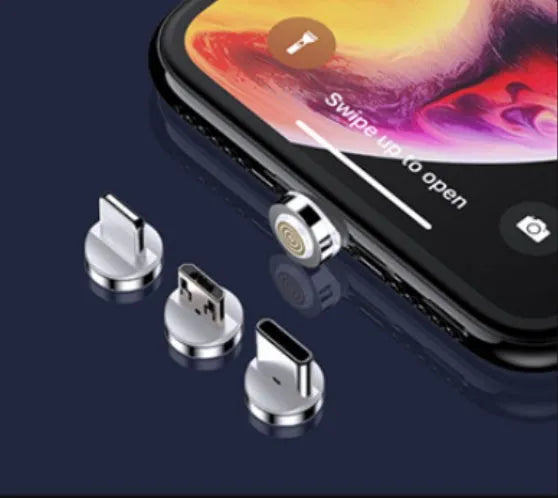Black magnetic data cable with LED light showing iPhone and Android compatibility