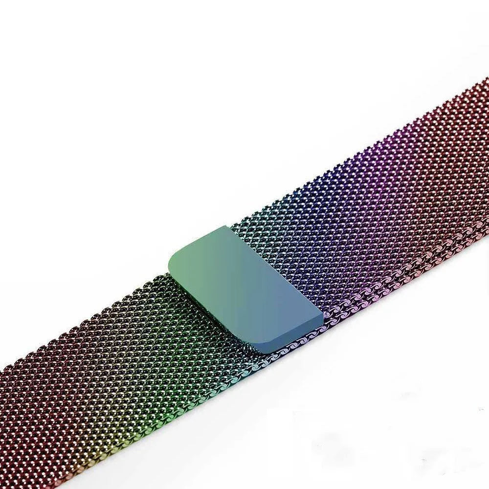 Stainless steel watch replacement strap in silver on a grey background showing adjustable links and buckle.