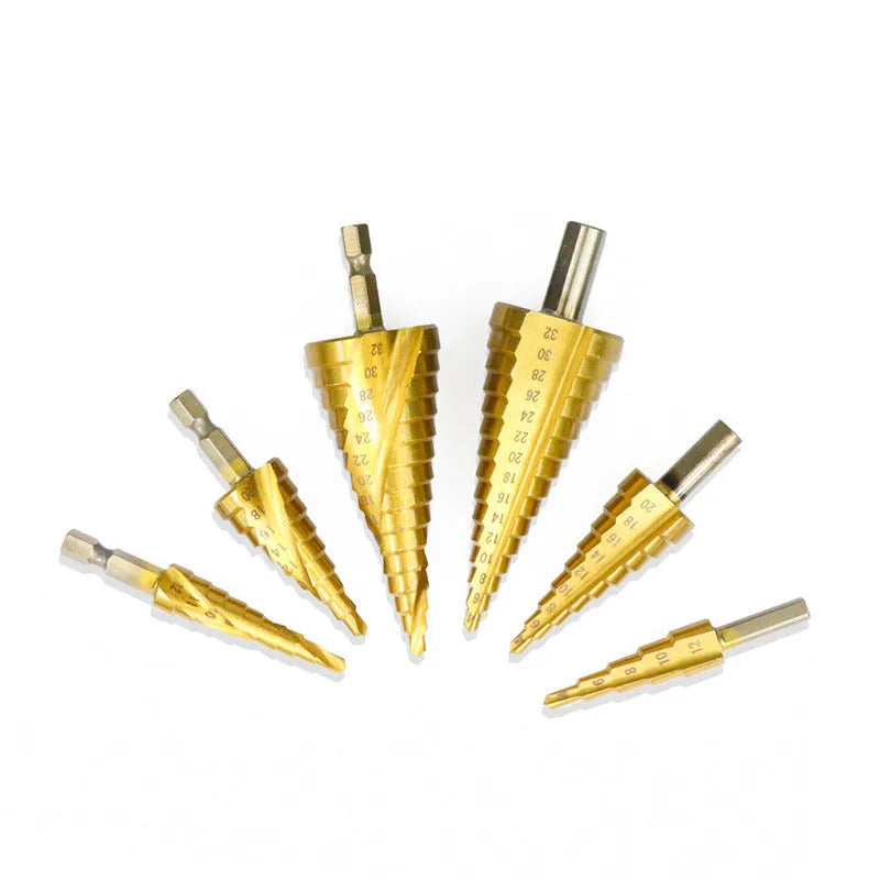 High speed steel cone drill bits and a centre punch arranged in a set, showing colour-coded handles.