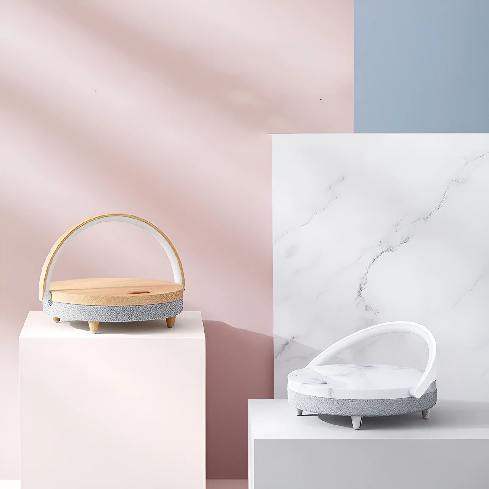 Wireless charging LED night light with Bluetooth speaker and phone holder in marble pattern or wood grain finish
