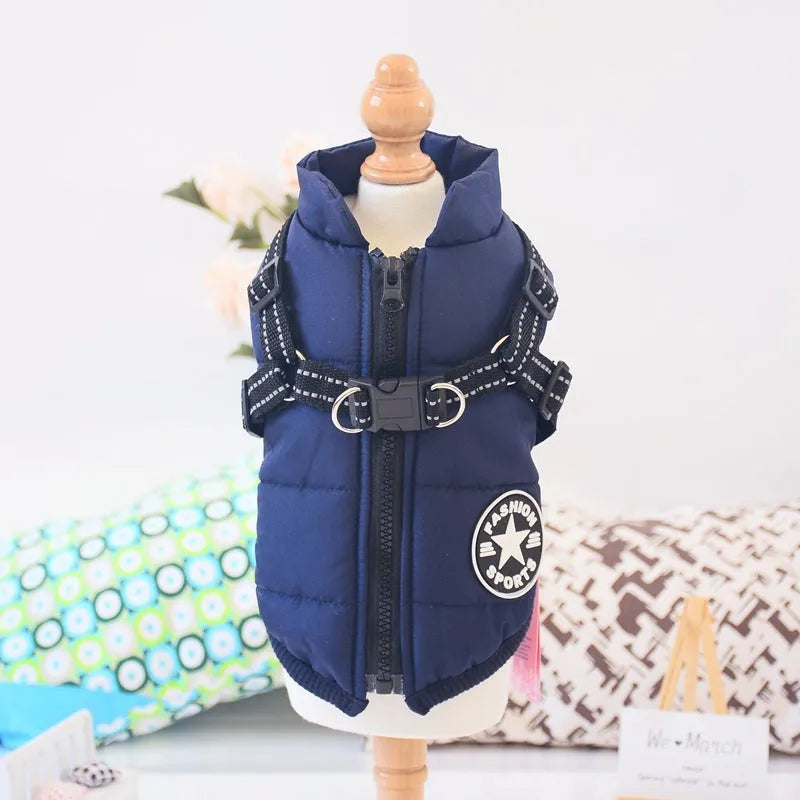 Waterproof dog coat in rain silk fabric with harness hole for lead attachment