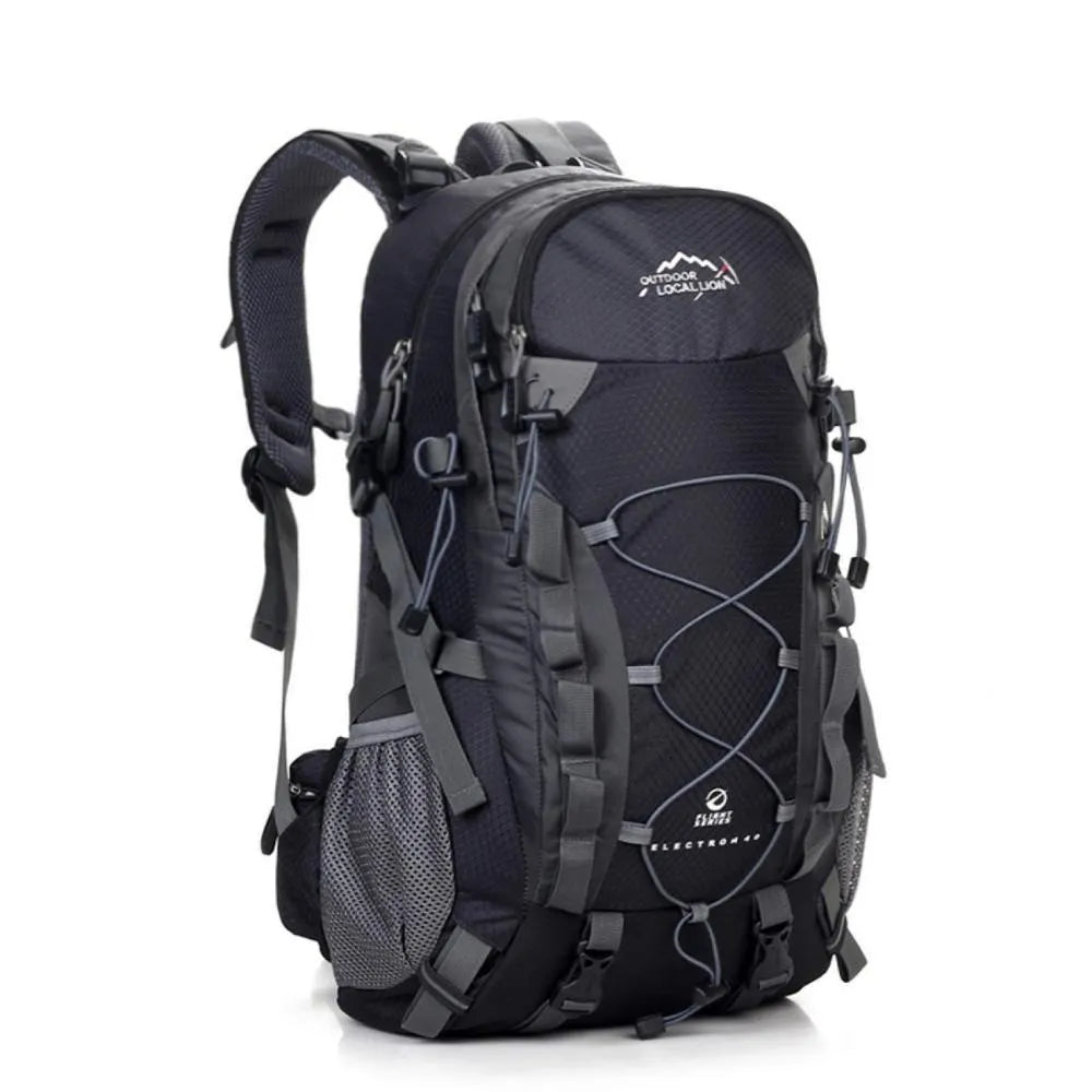 Polyester outdoor backpack in green colour showing dimensions and storage capacity