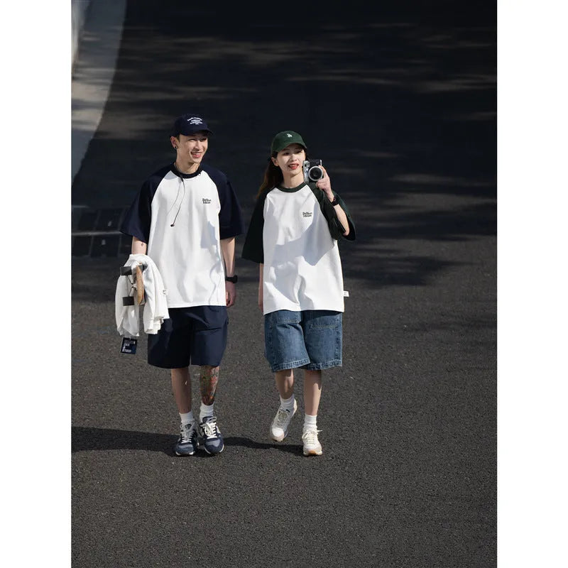 Men's blue casual raglan sleeve T-shirt with loose fit and pullover style