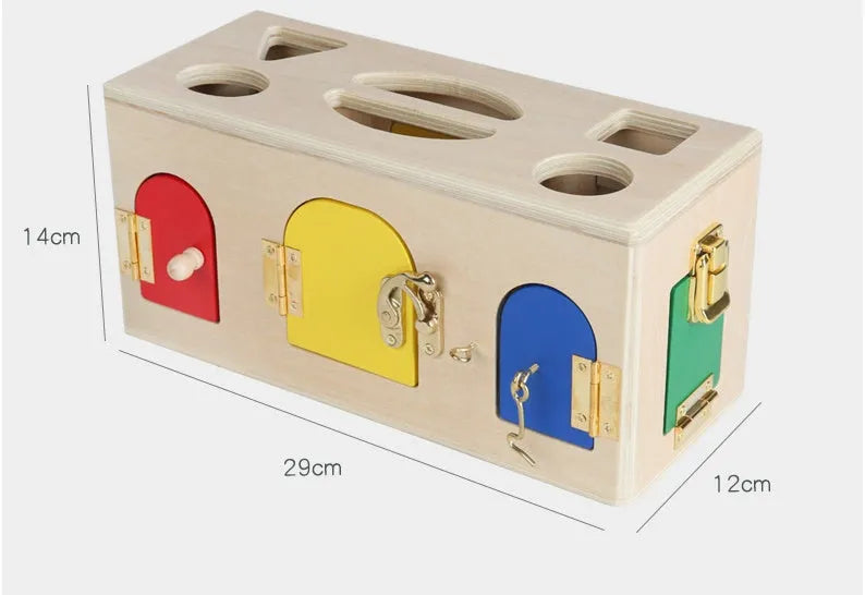 Wooden shape sorting lock box educational toy for preschool children with colourful shapes